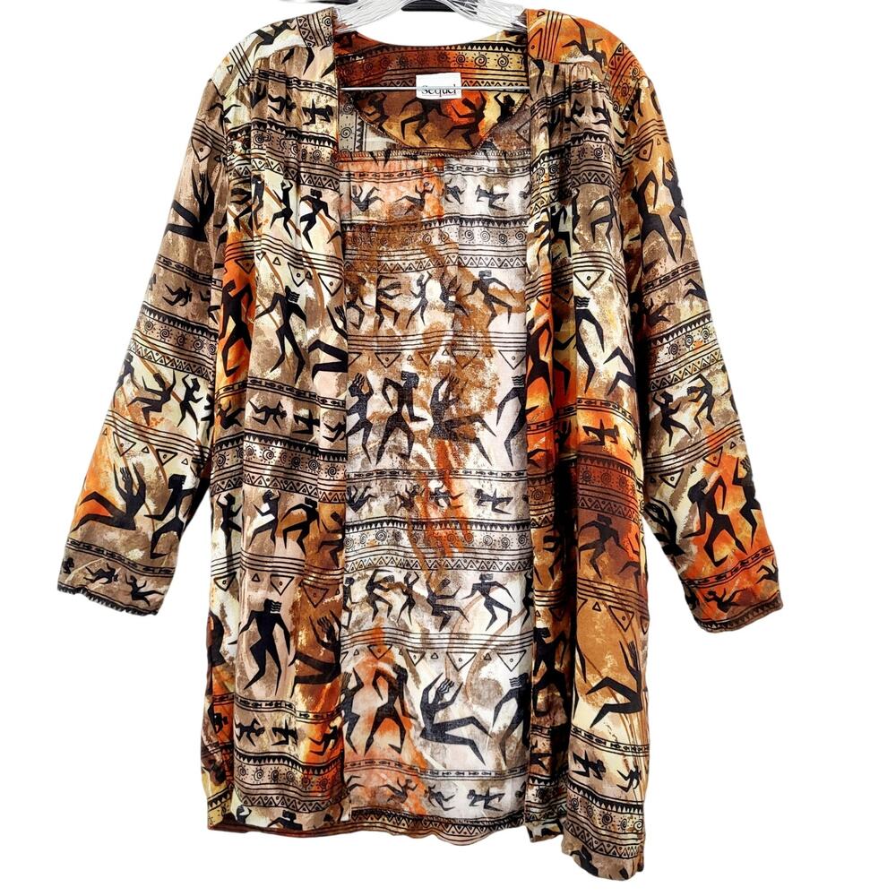 Vintage Sequel Brown Multicolored African Tribal Dance Graphic 3/4 Sleeve Jacket